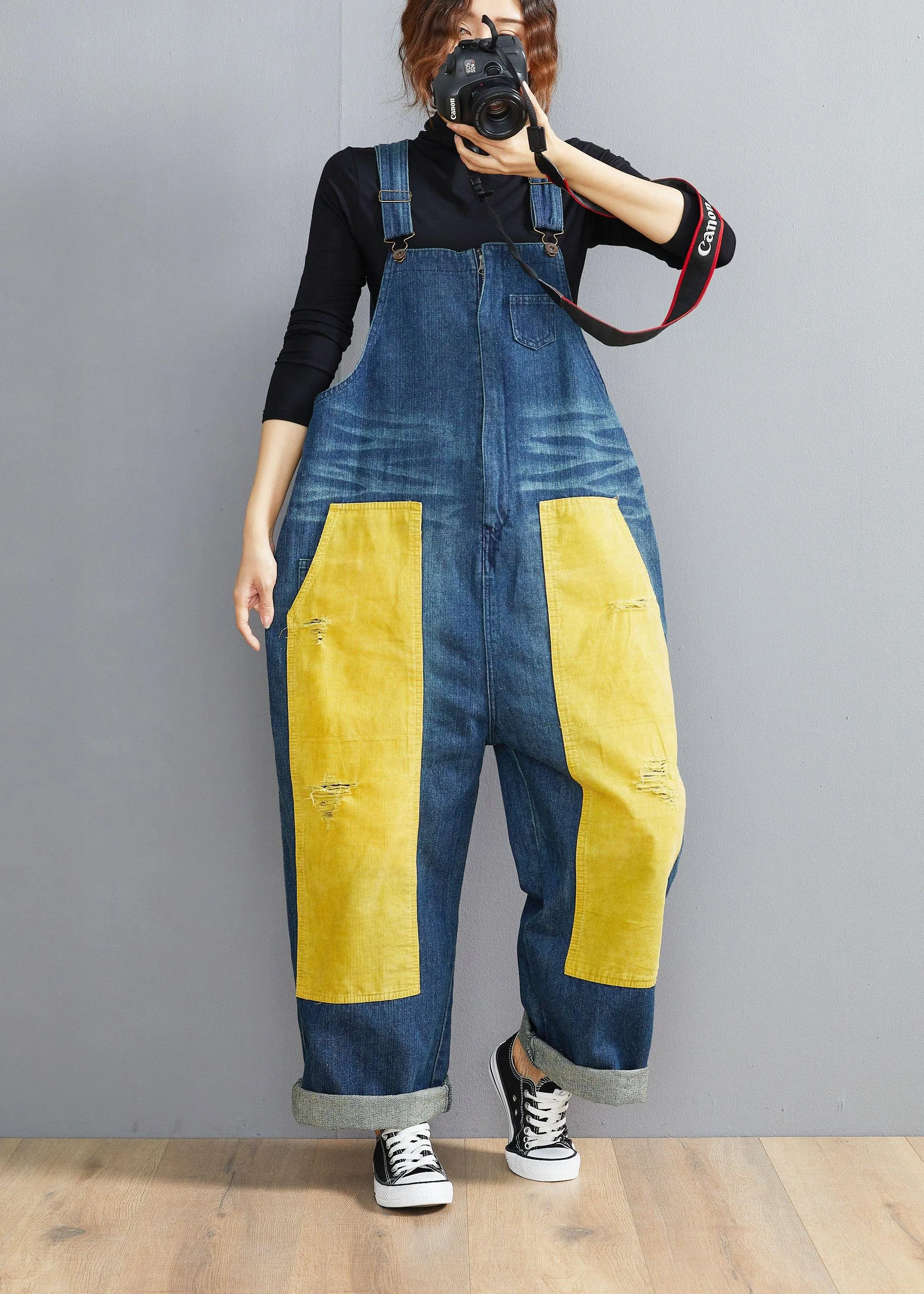 French Denim Blue Jeans women's Spring Patchwork Jumpsuit Pants