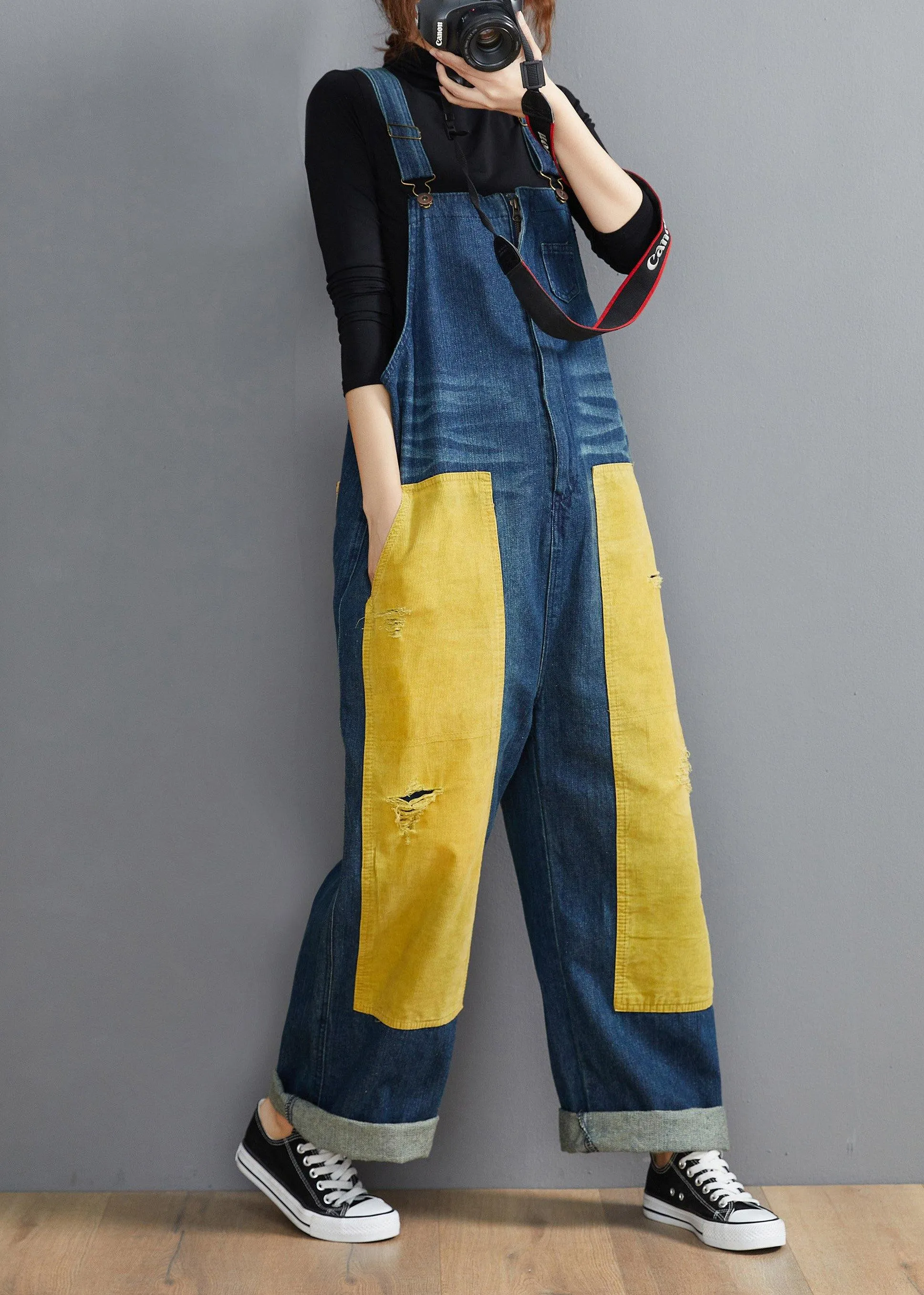 French Denim Blue Jeans women's Spring Patchwork Jumpsuit Pants