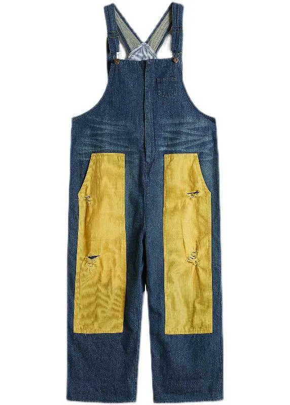 French Denim Blue Jeans women's Spring Patchwork Jumpsuit Pants