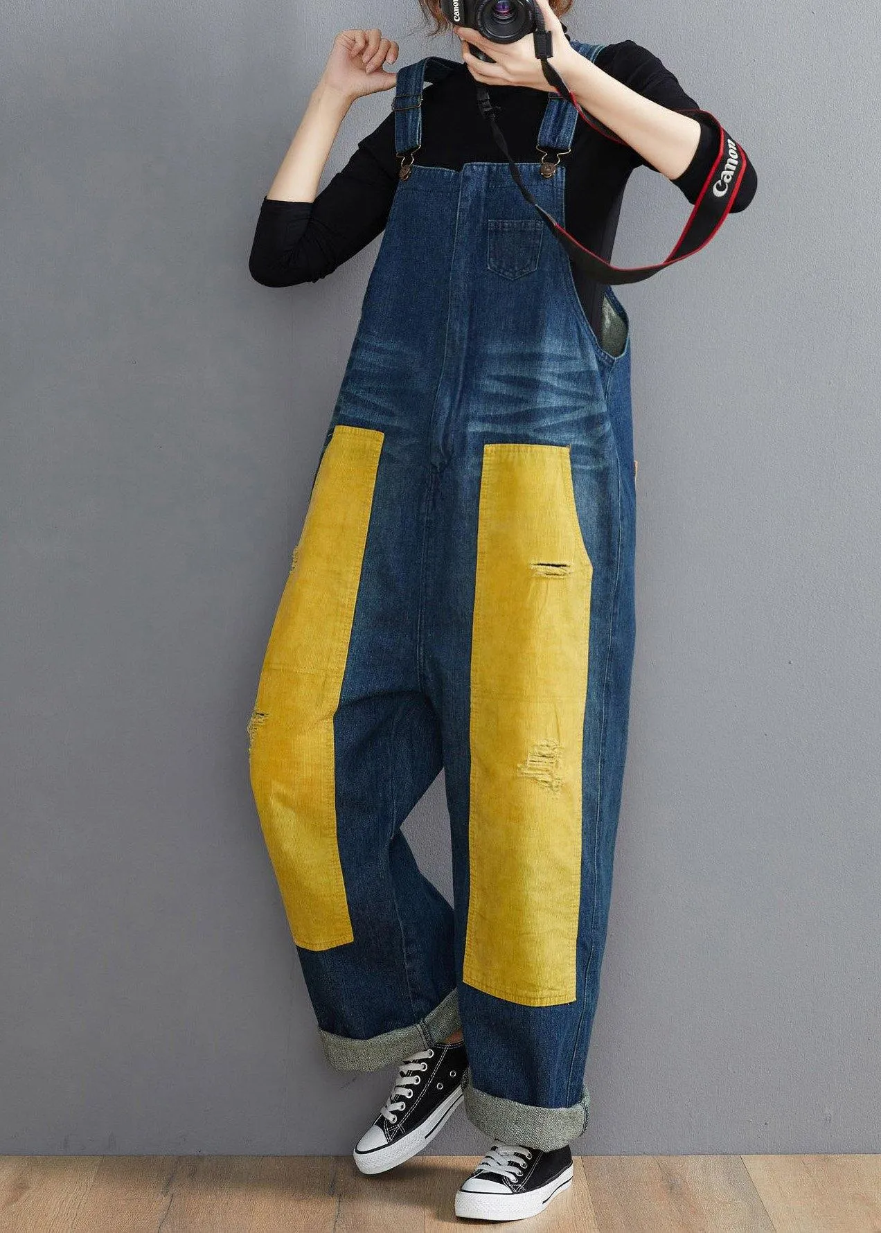 French Denim Blue Jeans women's Spring Patchwork Jumpsuit Pants