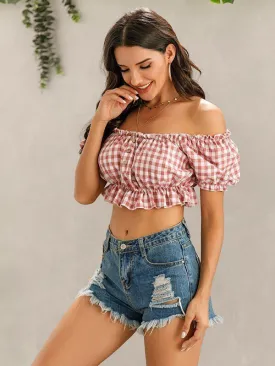 Gingham Print Off Shoulder Crop Blouse