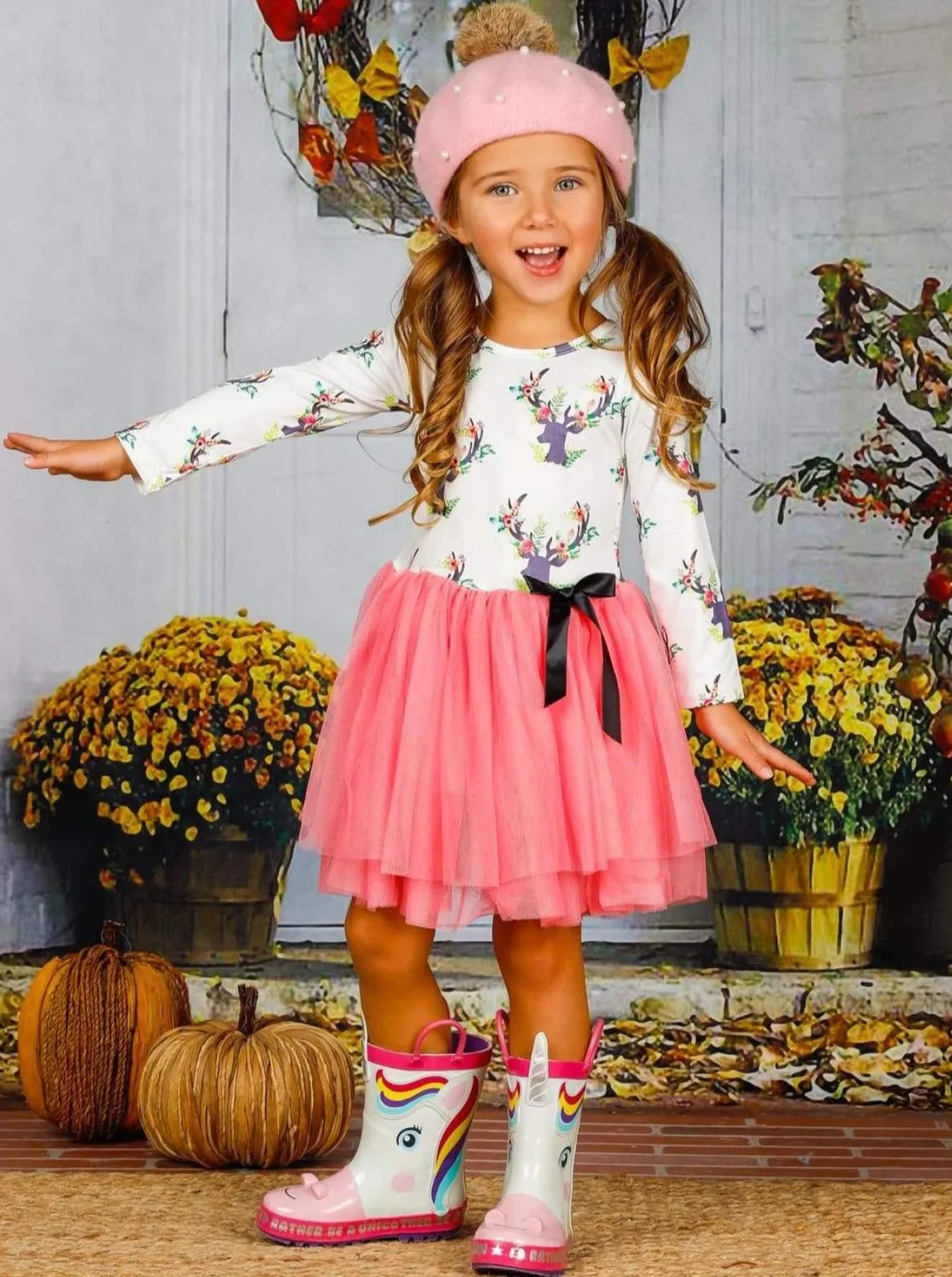 Girls Floral Reindeer Print Long Sleeve Tutu Dress with Bow