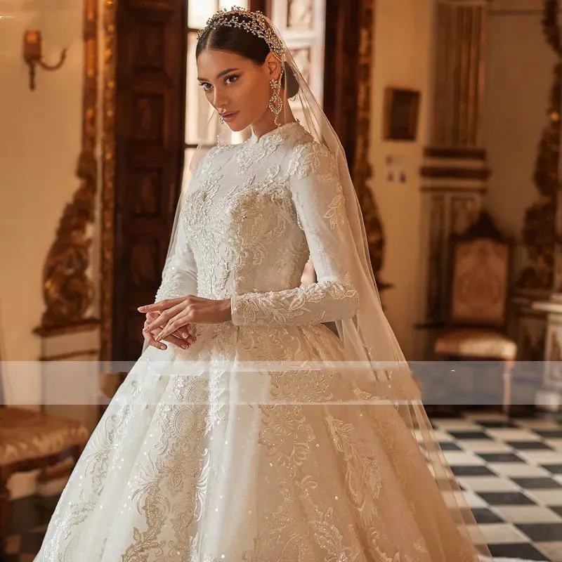 Gorgeous Appliques A-Line Chapel Train Ball Gown Muslim Wedding Elegant High Neck Bridal Gown