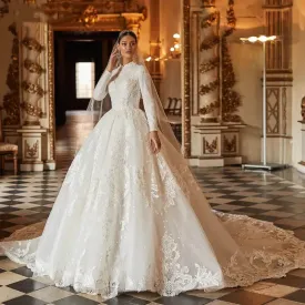 Gorgeous Appliques A-Line Chapel Train Ball Gown Muslim Wedding Elegant High Neck Bridal Gown