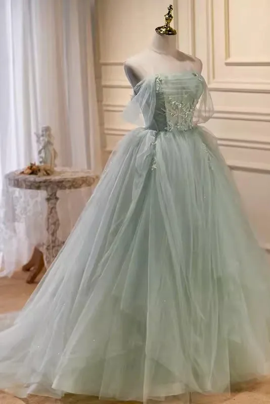 Gorgeous Light Green Tulle Prom Dress Puffy Off the Shoulder Formal Gown with Train UQP0321