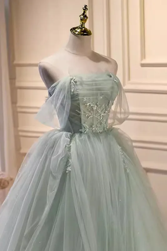 Gorgeous Light Green Tulle Prom Dress Puffy Off the Shoulder Formal Gown with Train UQP0321