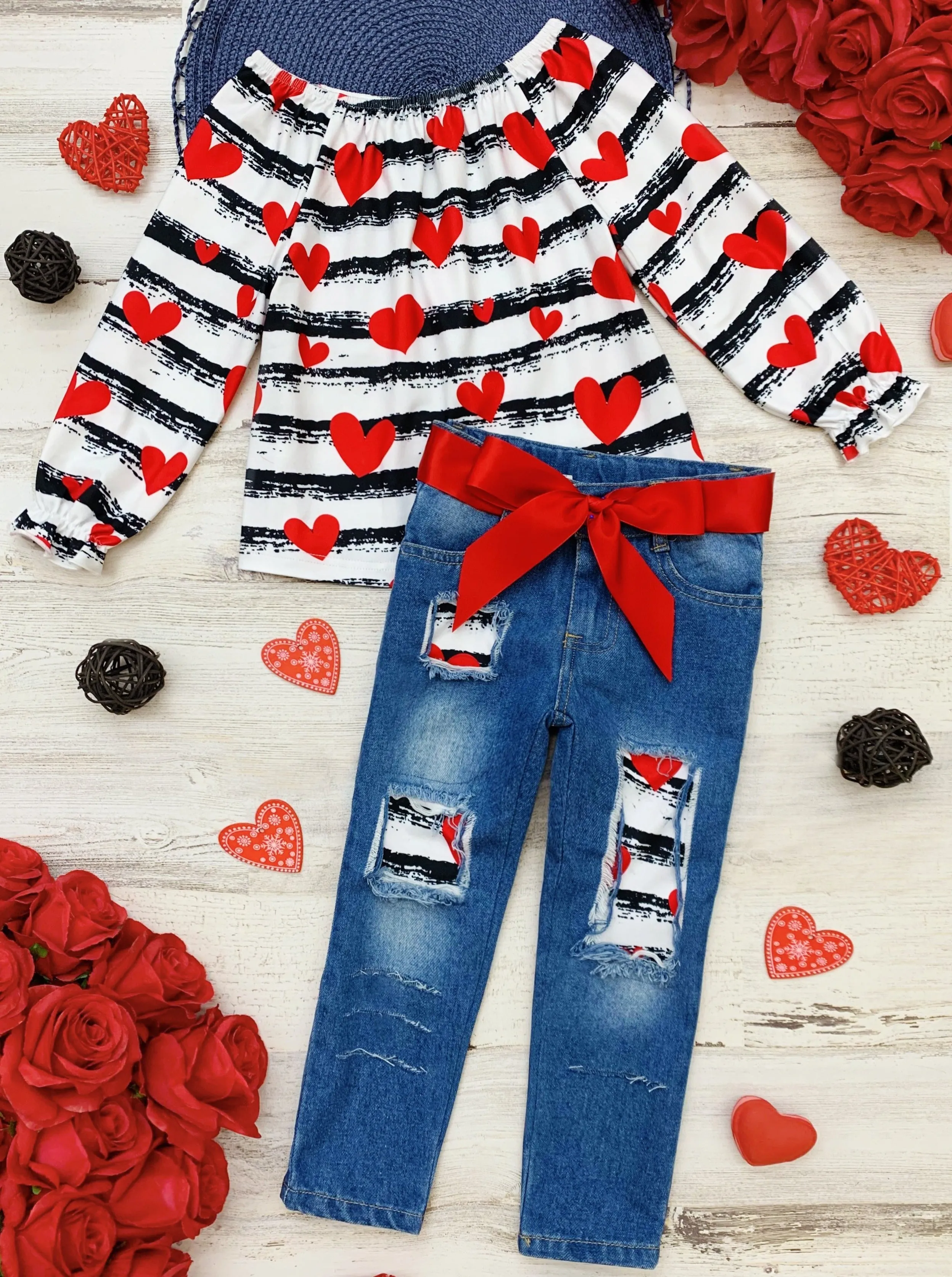 Heart On Your Sleeve Patched Jeans Set