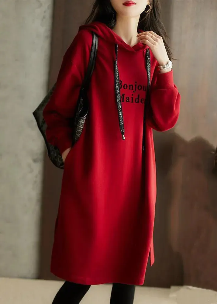Italian Red Graphic Print Drawstring Long Hoodie Pullover Sweatshirt Long Sleeve LY8370