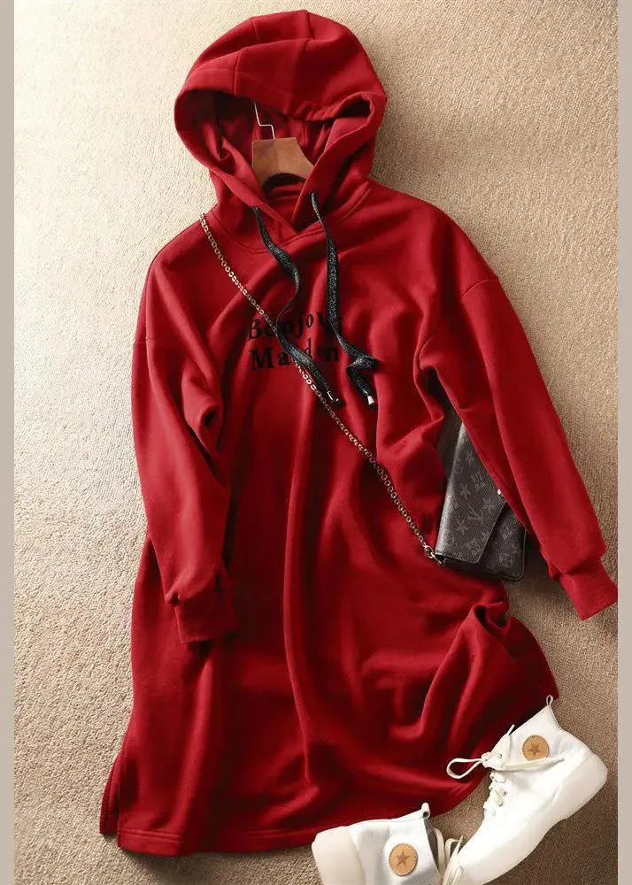 Italian Red Graphic Print Drawstring Long Hoodie Pullover Sweatshirt Long Sleeve LY8370