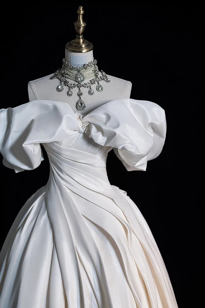 Ivory Off the Shoulder Puffy Wedding Dress, Floor Length Satin Bridal Dresses UQW0113