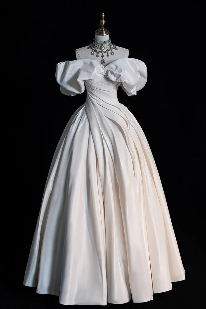 Ivory Off the Shoulder Puffy Wedding Dress, Floor Length Satin Bridal Dresses UQW0113