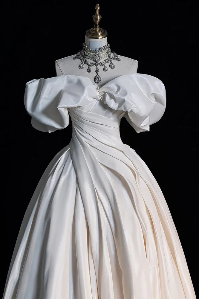 Ivory Off the Shoulder Puffy Wedding Dress, Floor Length Satin Bridal Dresses UQW0113