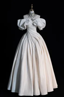 Ivory Off the Shoulder Puffy Wedding Dress, Floor Length Satin Bridal Dresses UQW0113