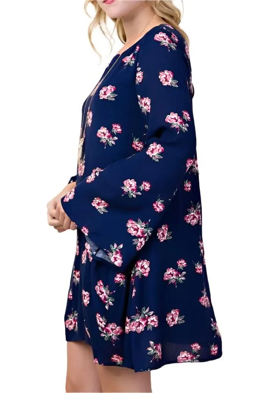 L Love Babydoll Back Lace Up Dress - Floral Navy