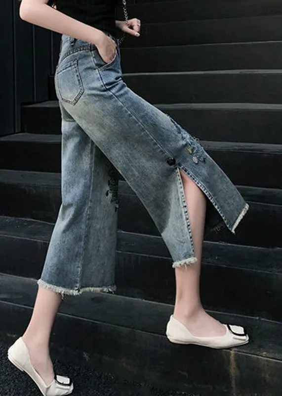 Loose Blue High Waist Sequins Patchwork Crop Ripped Jeans LY7944