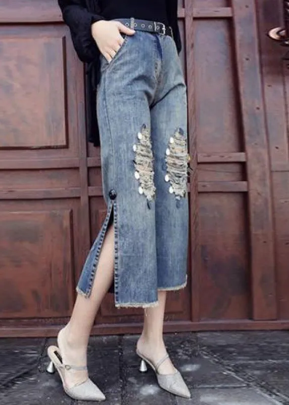 Loose Blue High Waist Sequins Patchwork Crop Ripped Jeans LY7944