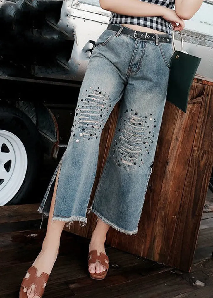 Loose Blue High Waist Sequins Patchwork Crop Ripped Jeans LY7944