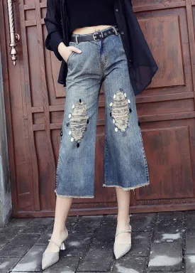Loose Blue High Waist Sequins Patchwork Crop Ripped Jeans LY7944
