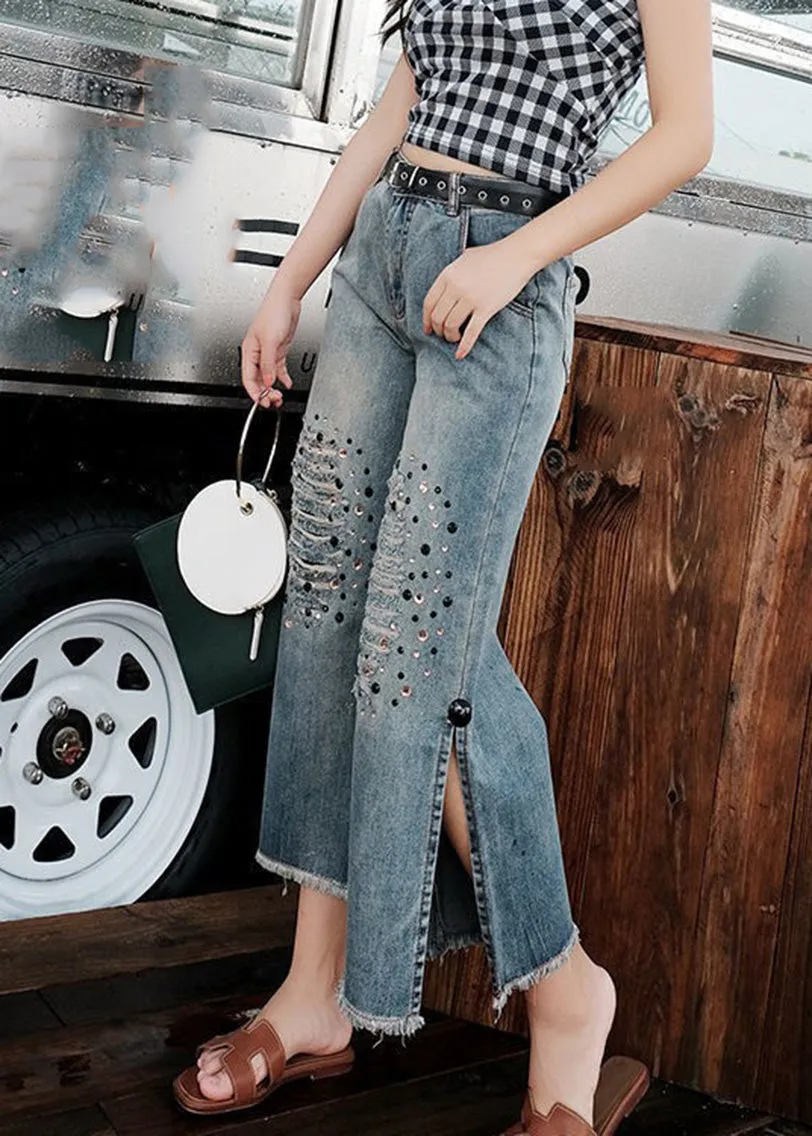 Loose Blue High Waist Sequins Patchwork Crop Ripped Jeans LY7944