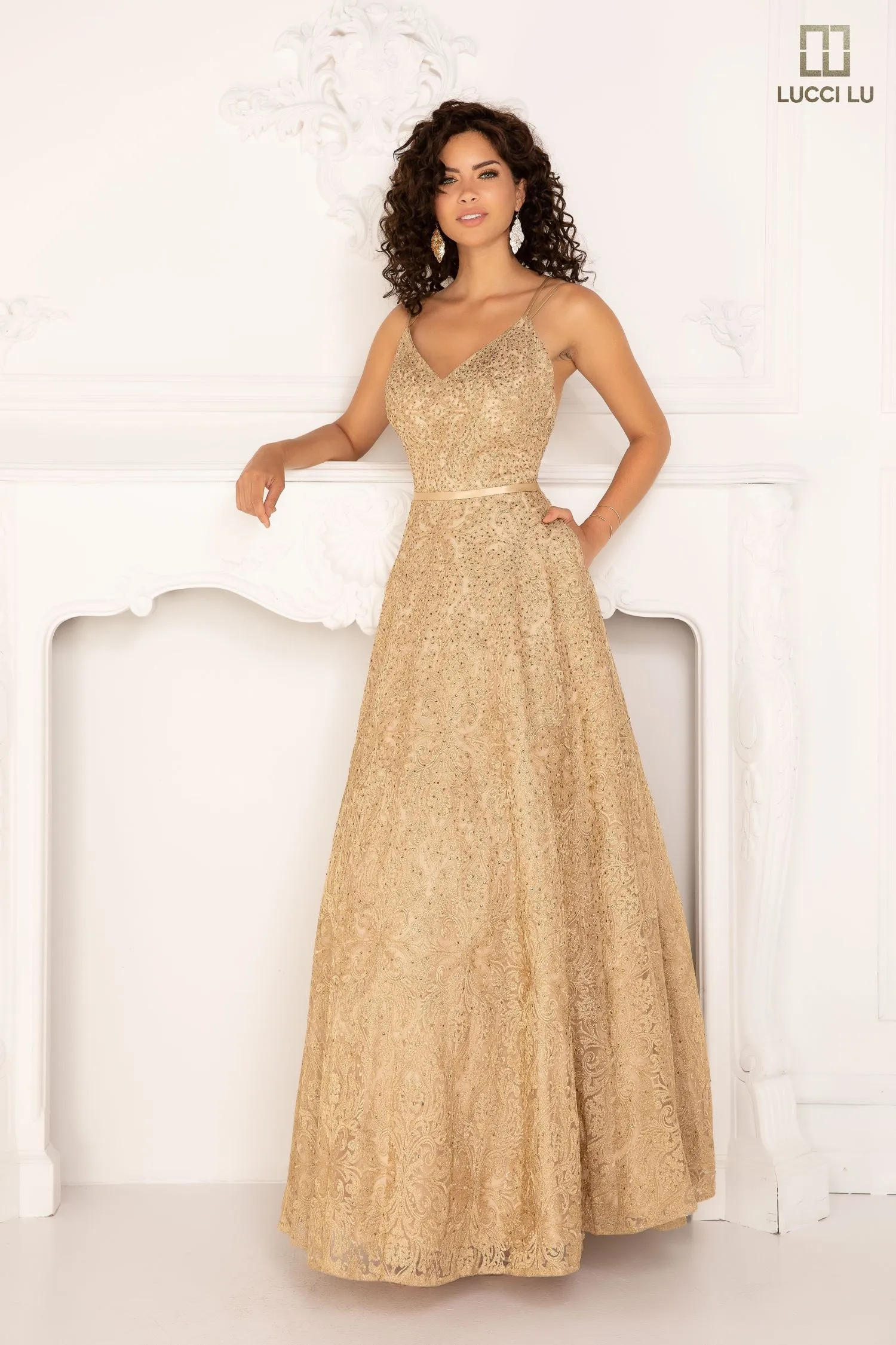 Lucci Lu 1095 Platinum Silver Embroidered Tulle Ballgown