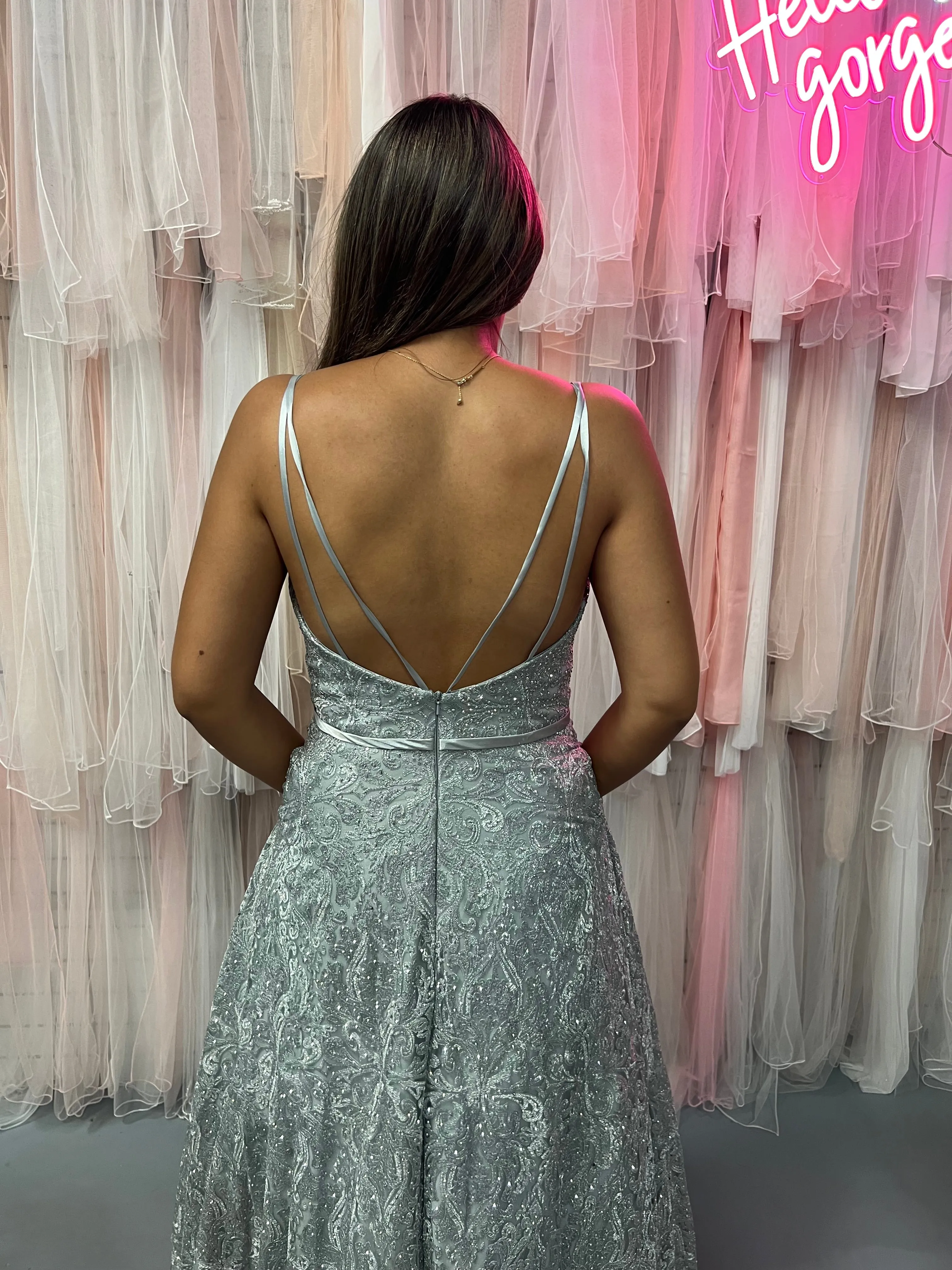 Lucci Lu 1095 Platinum Silver Embroidered Tulle Ballgown