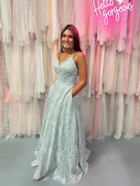 Lucci Lu 1095 Platinum Silver Embroidered Tulle Ballgown