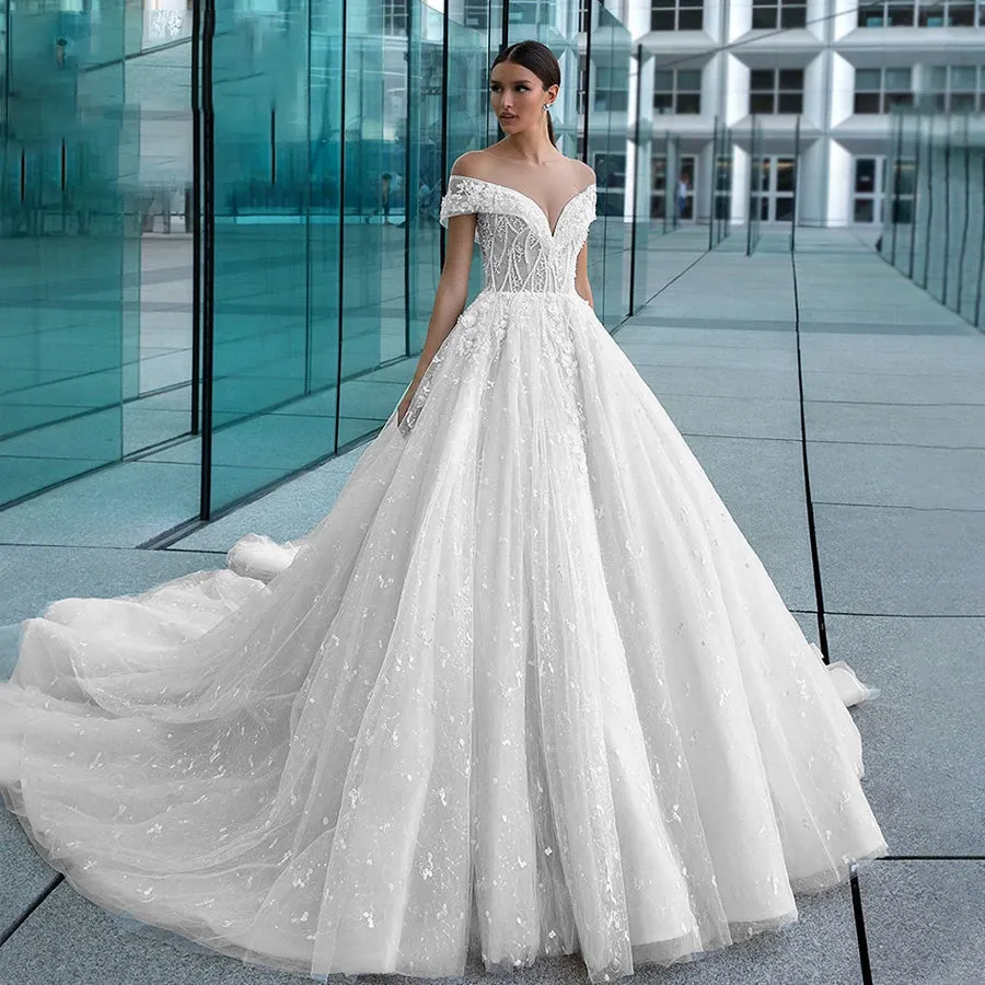 Luxury Wedding Dresses For Women 2023 Polka Dot Beaded 3D Flowers Shimmering Beaded Wedding Gown