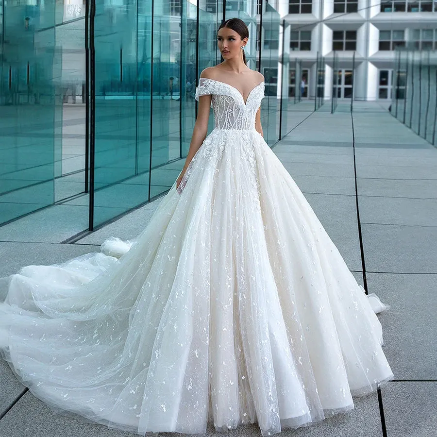 Luxury Wedding Dresses For Women 2023 Polka Dot Beaded 3D Flowers Shimmering Beaded Wedding Gown
