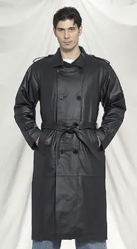 Mens Long Black Naked Cowhide Leather Motorcycle Coat With Belt