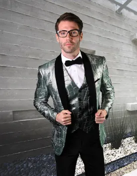 Mens One Button Organic Print Shiny Prom Tuxedo in Green