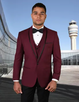 Mens Vested Wool Tuxedo in Shawl Lapel with Satin Trim in Burgundy & Black