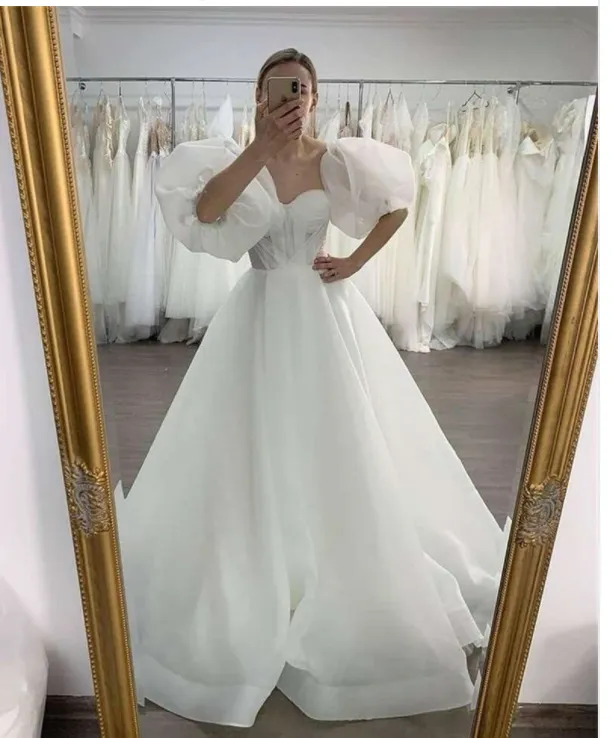 Modern A Line Organza Wedding Dress Sweetheart Puff Long Sleeves Bridal Gown