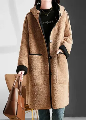 Modern Camel Patchwork Button Hoodie Faux Fur Coat Long Sleeve LY8365