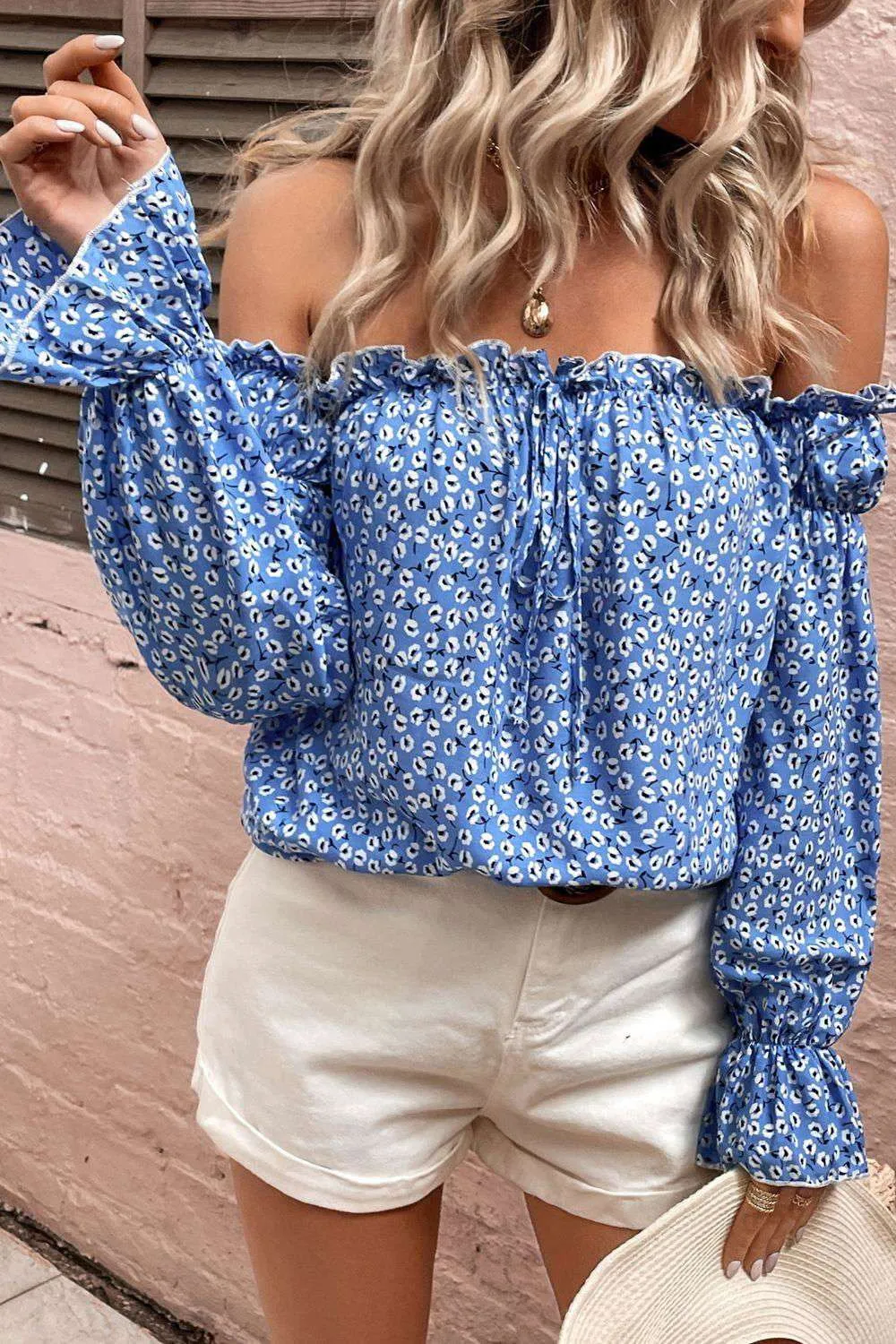Off Shoulder Printed Frill Trim Blouse - Chic and Stylish