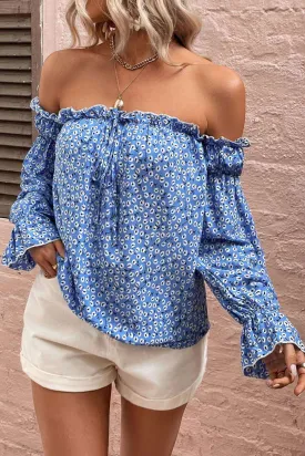 Off Shoulder Printed Frill Trim Blouse - Chic and Stylish