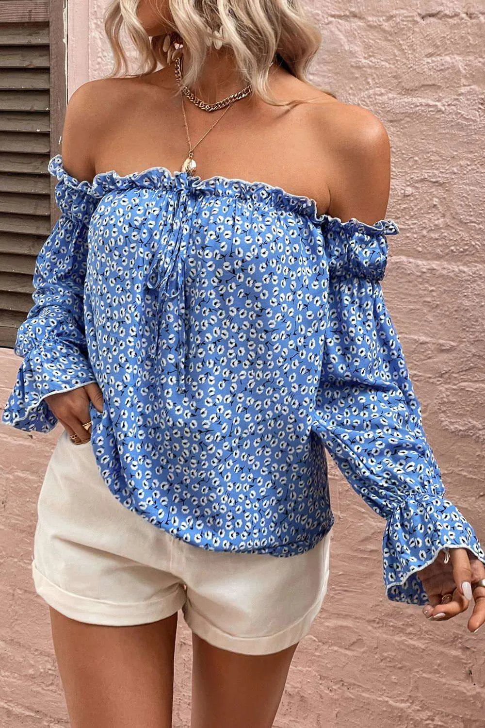 Off Shoulder Printed Frill Trim Blouse - Chic and Stylish