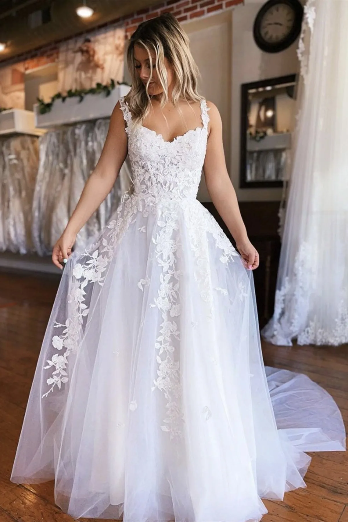 Off Shoulder White Lace Tulle Long Prom Dress, Off the Shoulder White Wedding Dress, White Lace Formal Evening Dress A1393