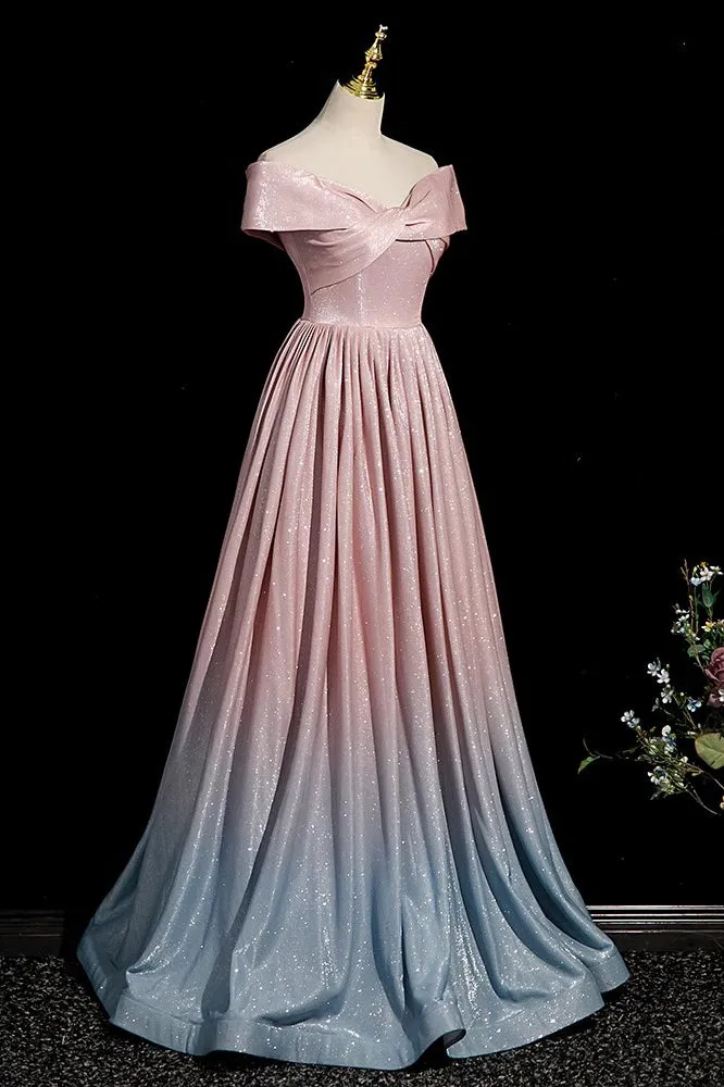 Ombre A Line Off the Shoulder Prom Gown, Pink Sparkly Long Evening Dress UQP0283