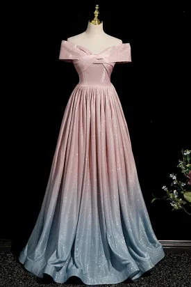 Ombre A Line Off the Shoulder Prom Gown, Pink Sparkly Long Evening Dress UQP0283