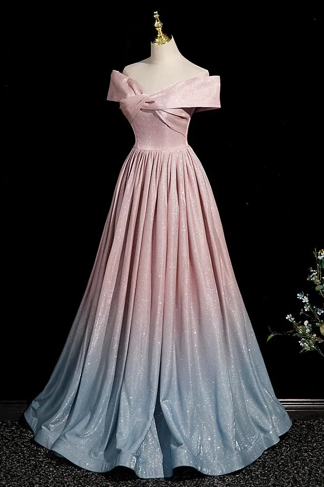 Ombre A Line Off the Shoulder Prom Gown, Pink Sparkly Long Evening Dress UQP0283