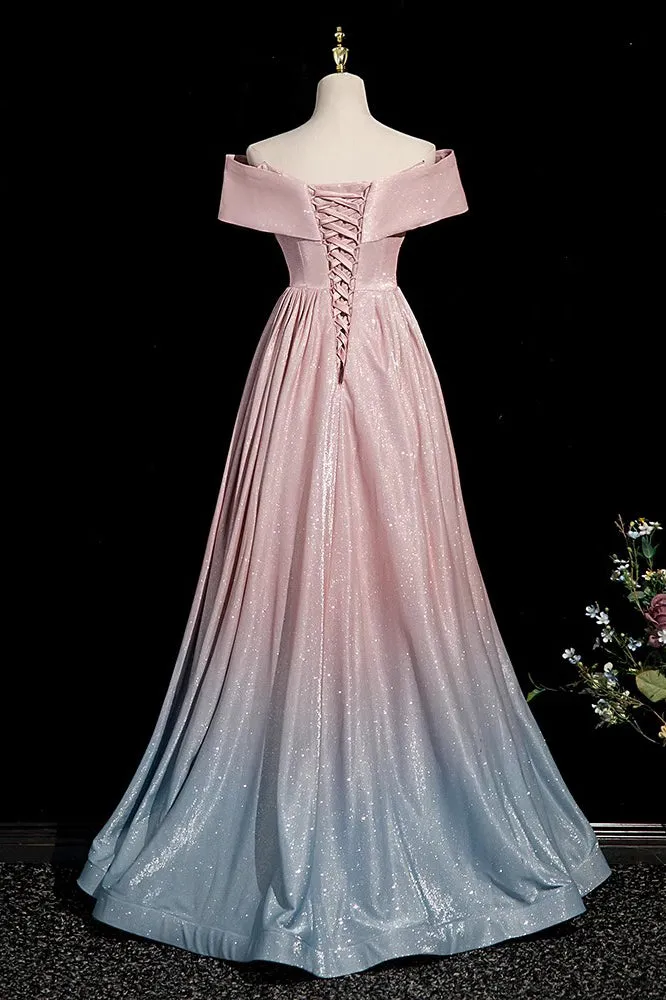 Ombre A Line Off the Shoulder Prom Gown, Pink Sparkly Long Evening Dress UQP0283