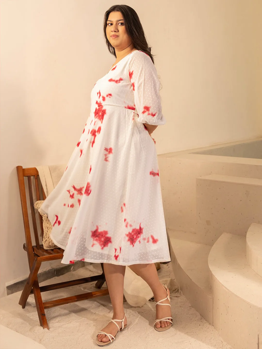 Plus Size Off White Dobby Georgette Tie & Dye Fit & Flare Dress