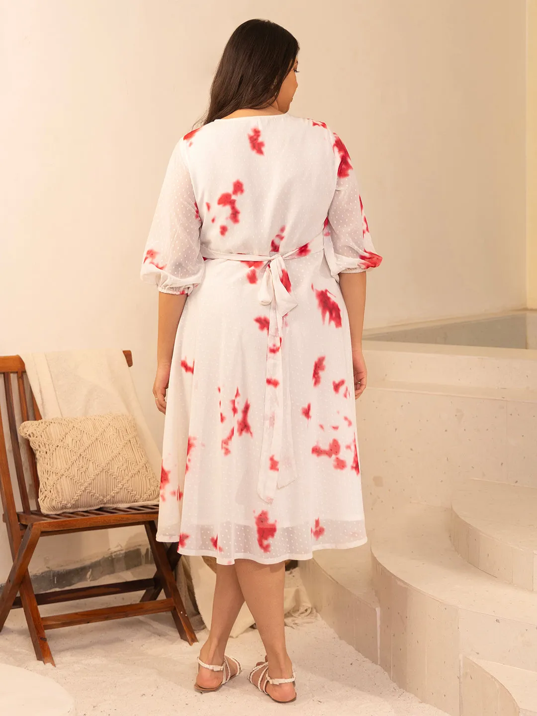 Plus Size Off White Dobby Georgette Tie & Dye Fit & Flare Dress