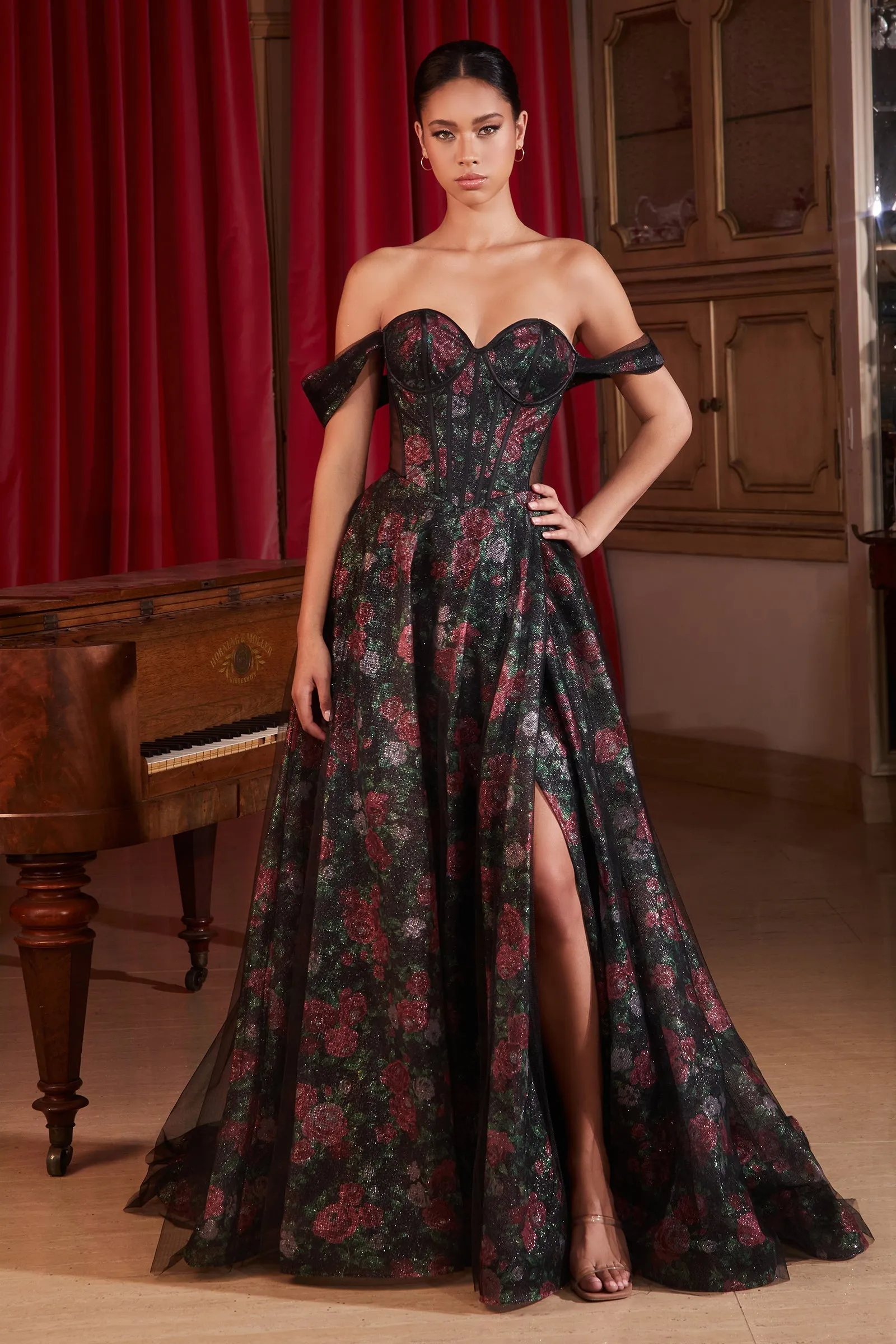 ROSALIND Floral Roses Off Shoulder Bustier Glam A Line Prom & Formal Dress