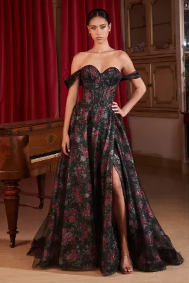 ROSALIND Floral Roses Off Shoulder Bustier Glam A Line Prom & Formal Dress