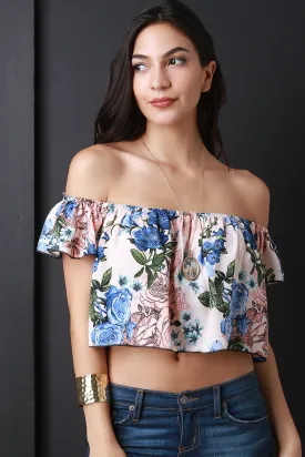 Rose Print Off The Shoulder Crop Top