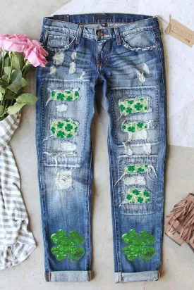 Sequin St. Patrick's Clover Distressed Jeans