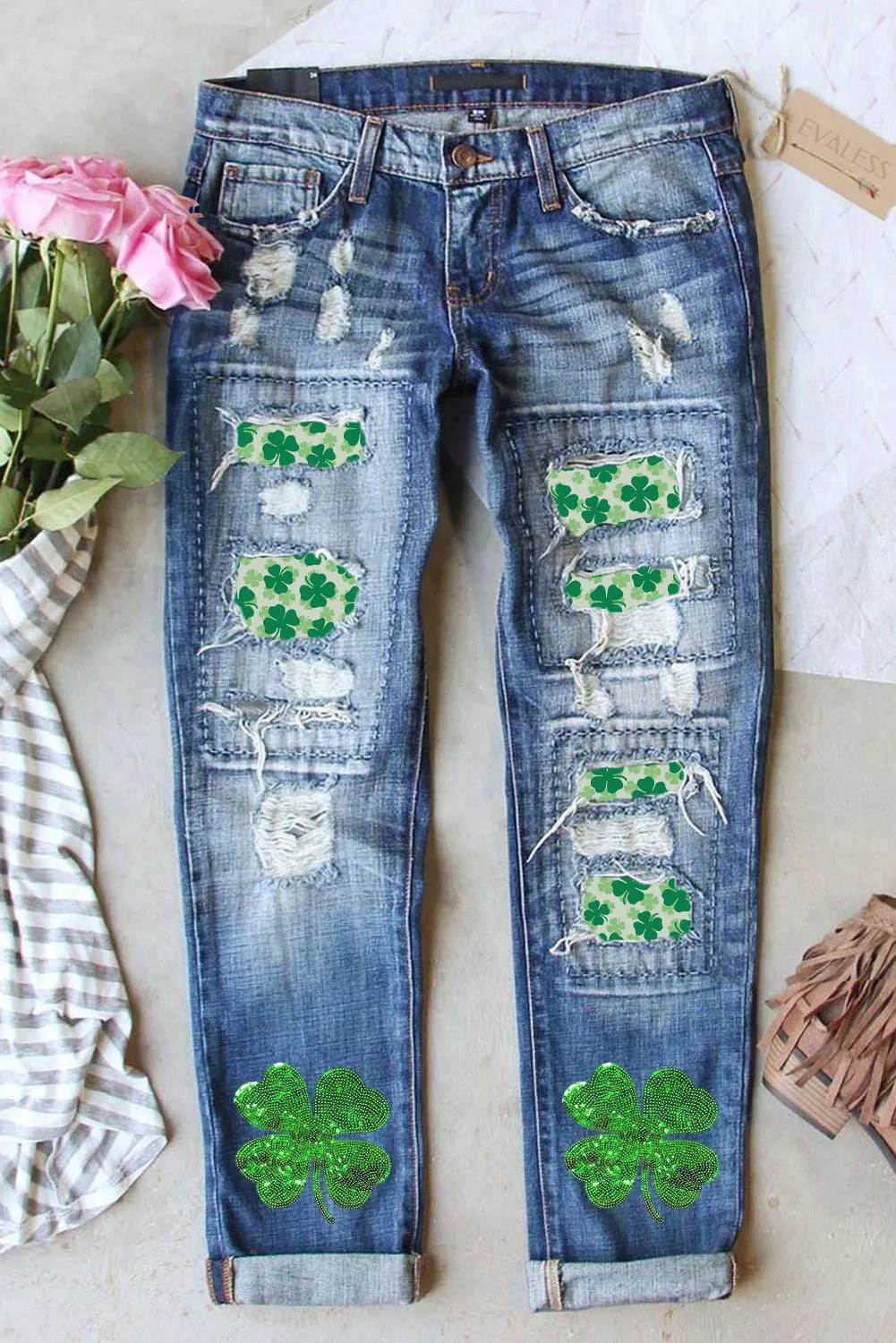 Sequin St. Patrick's Clover Distressed Jeans