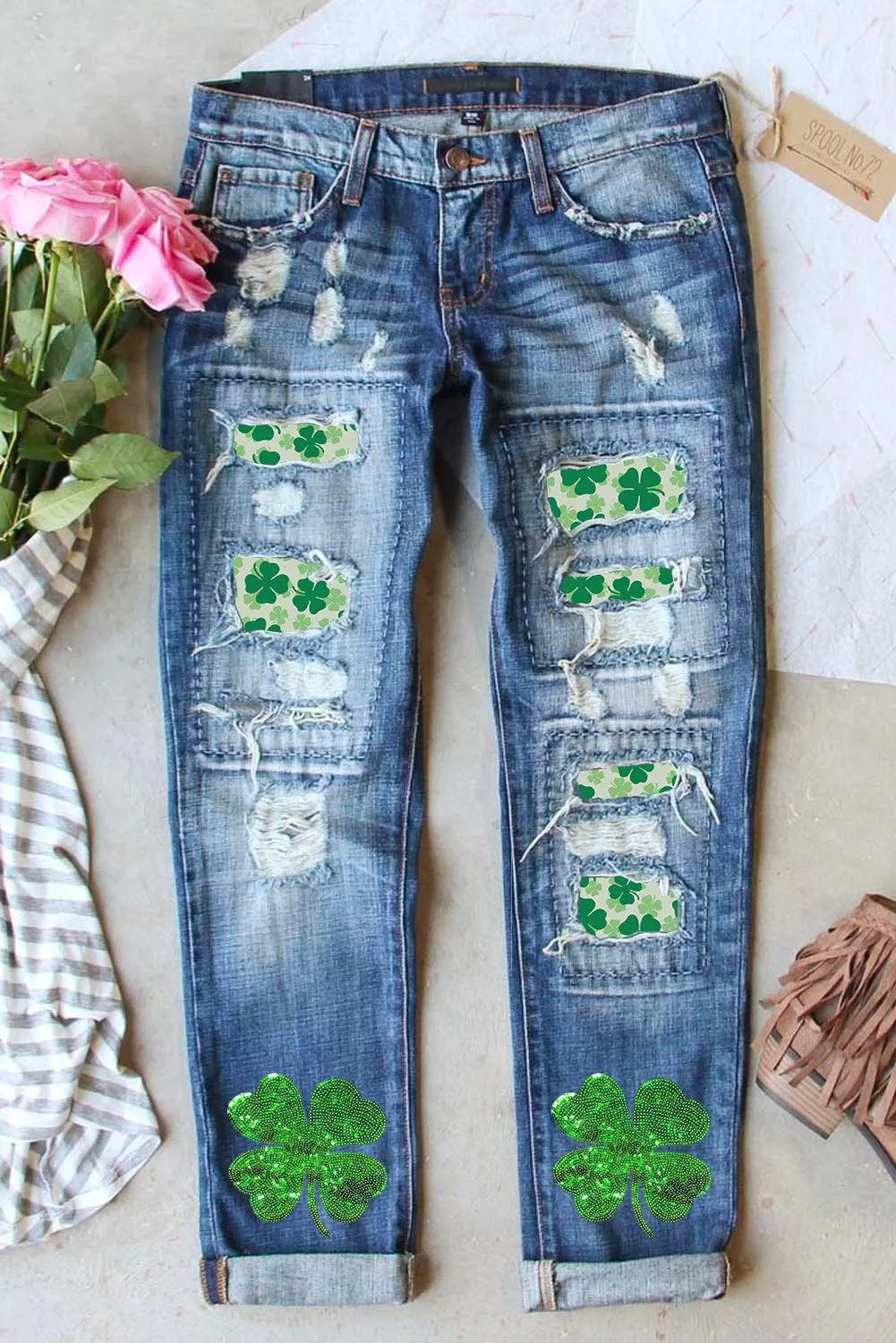 Sequin St. Patrick's Clover Distressed Jeans