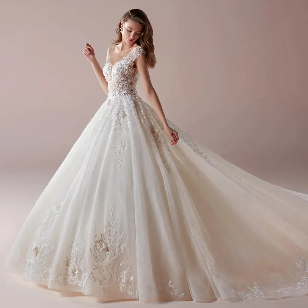 Sexy Backless V Neck Lace A-Line Wedding Dress Elegant Appliques Flowers Chapel Train